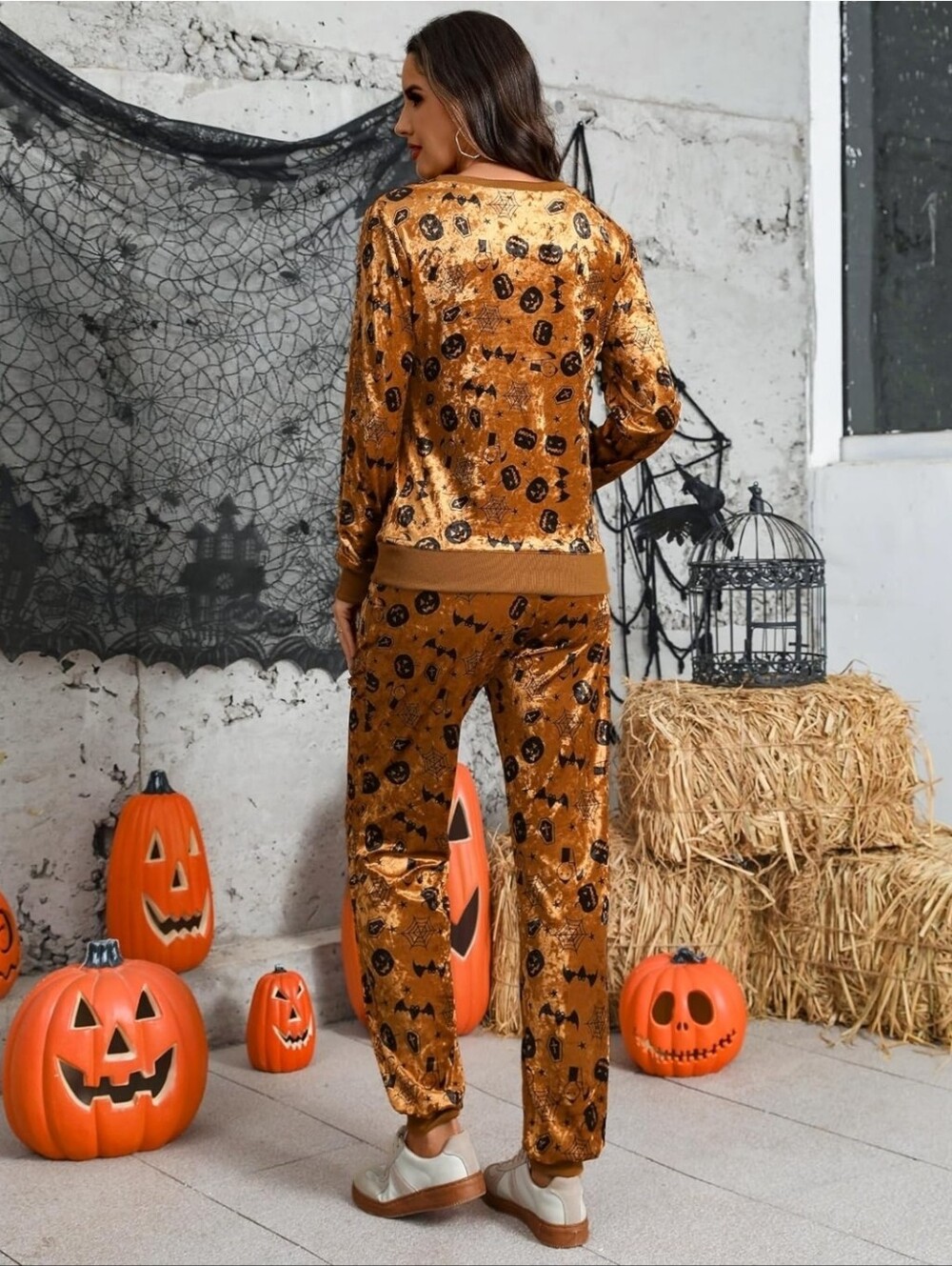 Velour 2 Piece Halloween Set Drawstring Pants Long Sleeve Top Medium Womens - Picture 2 of 16